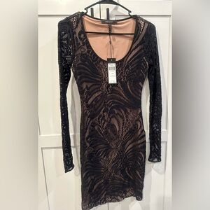 BCBGMaxAzria Tan and Pink Long Sleeve Bodycon Dress